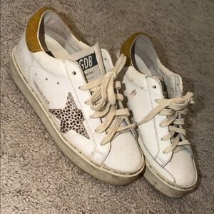 Golden Goose White Sneakers with Gold Heel and Leopard Star